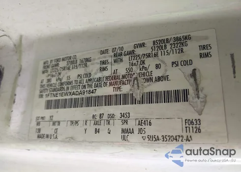 2010 Ford E-150 Commercial/Recreational z USA, uszkodzony, nr VIN 1FTNE1EWXADA91847